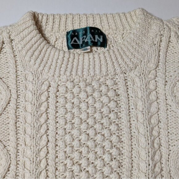 Handknit Aran Fisherman Sweater XXL Cream Cable Knit Crewneck Pullover - Picture 6 of 10